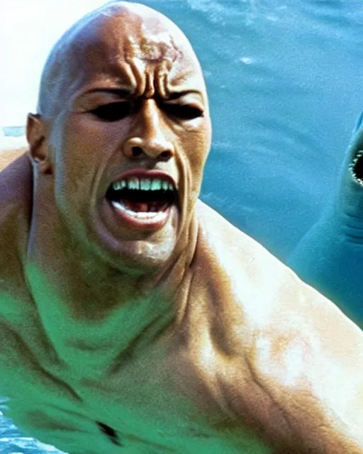 Image similar to film still close up shot of dwayne johnson wrestling with a shark in the movie jaws. photographic, photography