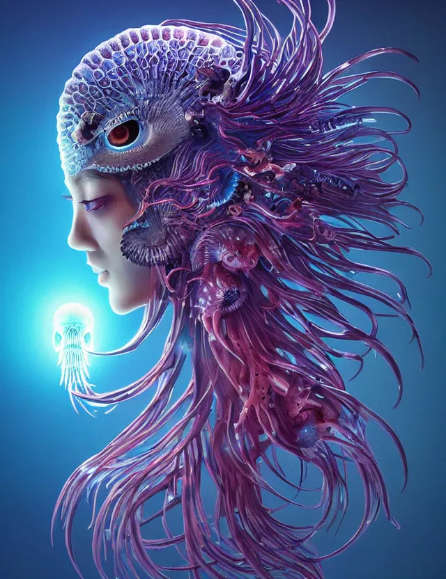 Image similar to 3 d goddess close - up profile portrait with ram skull. beautiful intricately detailed japanese crow jellyfish phoenix, bio luminescent, plasma kitsune mask and clasical japanese kimono. betta fish, jellyfish phoenix, bio luminescent, plasma, ice, water, wind, creature, artwork by tooth wu and wlop and beeple and greg rutkowski