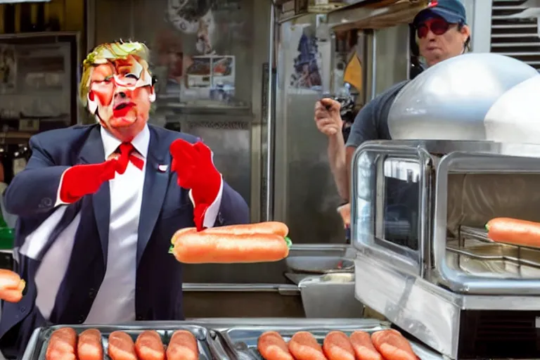 Prompt: a Film still of Donald trump selling hotdogs in the new joker movie, 4k