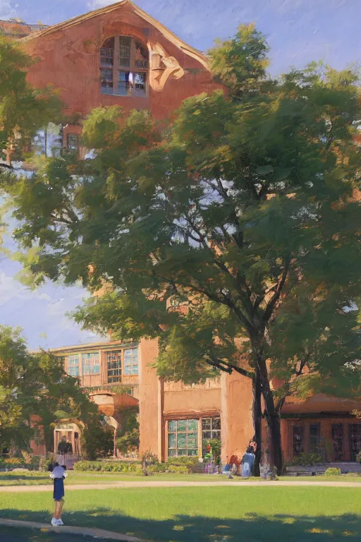 Prompt: painting of ouran highschool academy, front view, calm, afternoon day, bright, artwork by jeremy lipkin and giuseppe dangelico pino and michael garmash and rob rey and greg manchess and huang guangjian and makoto shinkai, sharp edges, simple form, 1 0 0 mm