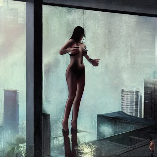 Image similar to a woman, moment, cyberpunk penthouse balcony, tech noir, wet skin, atmospheric, ambient, hopper, rupert everton, alexis flower, livia prima,