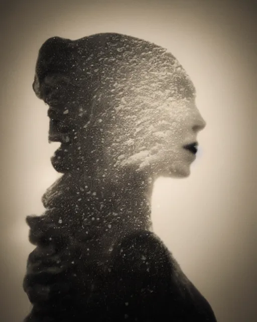 Image similar to a woman's face in profile, made of a snow capped Swiss mountain, in the style of the Dutch masters and Gregory Crewdson, dark and moody