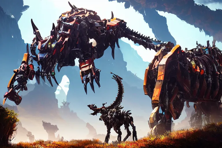 Image similar to grimhorn fanghorn machine mecha animal beast robot of horizon forbidden west horizon zero dawn bioluminiscence global illumination ray tracing hdr fanart arstation by sung choi and eric pfeiffer and gabriel garza and casper konefal