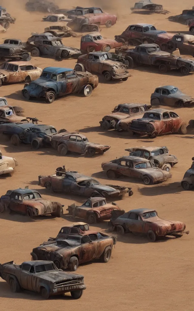 Image similar to pixar cars in the world of mad max fury road