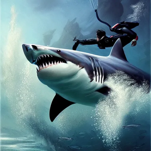 Image similar to a dream fantasy painting of ( white shark with blood teeth ) hunting a scuba diver, in the deep, trending on artstation, deviantart, matte painting by greg rutkowski, holly bruce, jon kuo