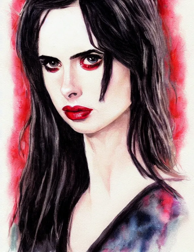 Image similar to portrait of a young krysten ritter as the black widow from marvel, beautiful eyes, aquarelle, realistic painting, freckles, 1 / 4 headshot