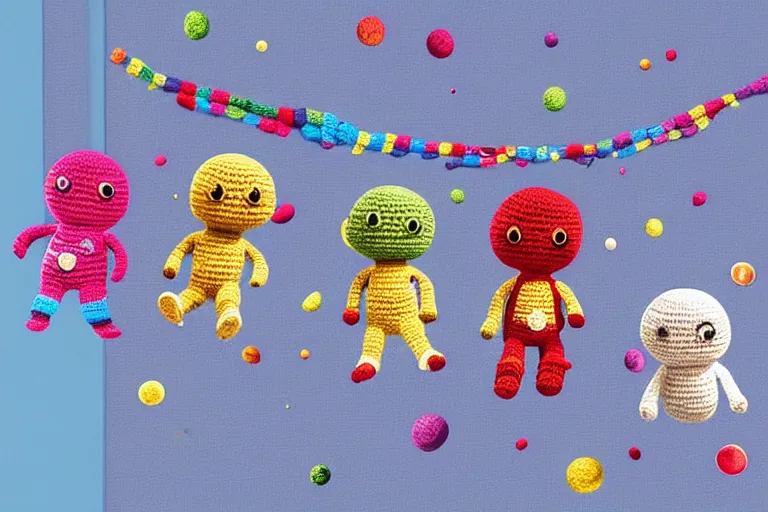 Image similar to a group of three crochet cute astronauts climbing a yarn wall. cute, illustration, digital art, inspired by little big planet, by greg rutkowski, detailed, sharp, masterpiece, highly detailed, photorealistic, octane render, 8 k, unreal engine 5, trending on artstation, vivid colors, cinematic, close up