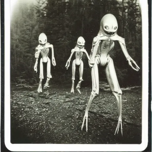Image similar to polaroid photograph of horrorific alien beings visiting earth, 1 9 5 0