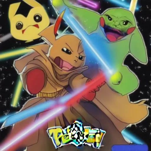 Image similar to Yoda versus Darth pikachu, jedi sith lightsaber battle, dramatic duel of the fates, in the style of pokemon, cartoon, bright colours