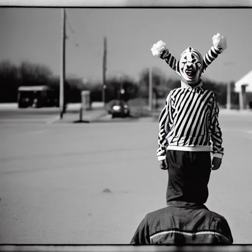 Prompt: midget conehead clown circus , 50mm film photography