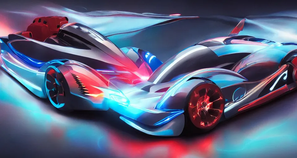 Image similar to dream tron tesla light cycle race, hot wheels, overhead view, octane, raytrace, syd mead, artgerm, jim lee,