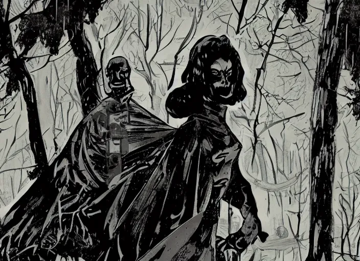 Image similar to 1940's Ghost Woman in the woods, detailed, comic book texture, bats, 4k symmetrical portrait, Ashley wood, Mike Mignola, trending on artstation, Norman Saunders