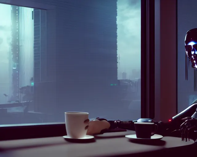 Image similar to a terminator cyborg lady with borg implants and optical fibers is drinking coffee near a window with dystopian city visible outside. very detailed 8 k. cyberpunk style. unreal engine render. global illumination. nanite. rtx. path tracing.