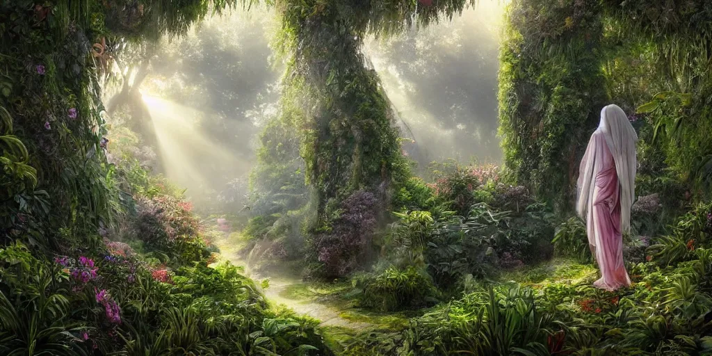 Prompt: long shot of a bright sun shining through a gardens in the bay interior, mystical woman wearing a cloak walking in over grown botanical garden, pre raphaelite, atmospheric, ground mist, waterfalls, light streams, style of gardens in the bay singapore, art by artgerm, sharp, intricate detail,