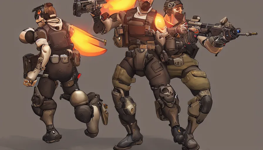 Image similar to Concept art for new Overwatch character: The Saboteur, French Special Ops, Short, Nimble, Sly, Silenced Five-Seven Main Weapon, Uses Explosives, Planted Charge, C4 Explosive, Roguish, and Hand Grenades, Dark Humor, Male, Rugged, Dagger, High-tech, Fast, Black and Orange