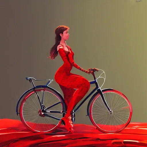 Image similar to a girl wearing a red fabric sitting on a bike, intricate, elegant, glowing lights, highly detailed, digital painting, artstation, concept art, sharp focus, illustration, art by wlop, mars ravelo and greg rutkowski