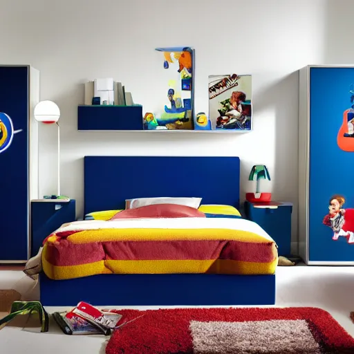 Prompt: ps 2 themed bedroom ikea catalog photo