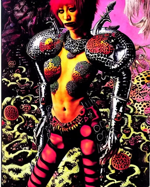 Prompt: portrait of a skinny punk goth yayoi kusama wearing armor by simon bisley, john blance, frank frazetta, fantasy, thief warrior, colorful cats