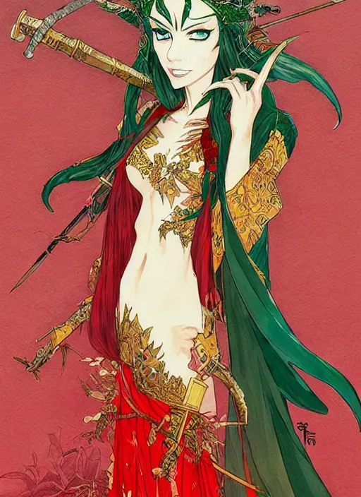 Image similar to beautiful elven queen in red green gold dress, detailed portrait, wearing kimono armor, sword, by conrad roset, takato yomamoto, jesper ejsing, beautiful