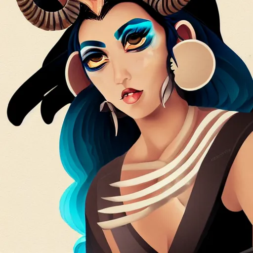 Image similar to illustrated portrait of ram-horned devil woman with blue bob hairstyle and tanned colored skin and with solid black eyes wearing leather by rossdraws
