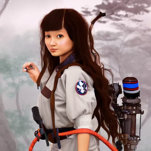 Image similar to beautiful feudal south American girl Ghostbuster, 1567 wavy hair like Brenda song, intricate complexity 8k character concept, ghostbusters, ghostbusters proton pack, ghostbusters trap , in feudal Japan, steampunk aesthetic, fresh food market people, fine line detail, cinematic quality, high octane, cry engine, 4k render, masterpiece, octane