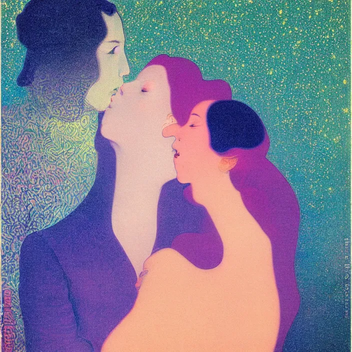 Image similar to close portrait of woman and man kissing. aurora borealis. iridescent, vivid psychedelic colors. painting by georges de la tour, agnes pelton, utamaro, monet