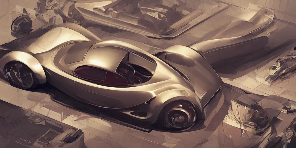 Image similar to car design art deco, car design sheet, Moebius, Greg Rutkowski, Zabrocki, Karlkka, Jayison Devadas, Phuoc Quan, trending on Artstation, 8K, ultra wide angle, zenith view, pincushion lens effect