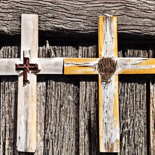 Prompt: beautiful photograph three 1st century empty wooden crosses on calvary hill, close up, dslr photo