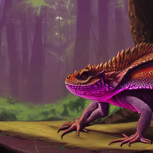 Image similar to concept art painting of an anthropomorphic bearded dragon anthro wearing magenta wizard robes, in the deep forest, realistic, detailed, cel shaded, in the style of makoto shinkai and greg rutkowski and james gurney