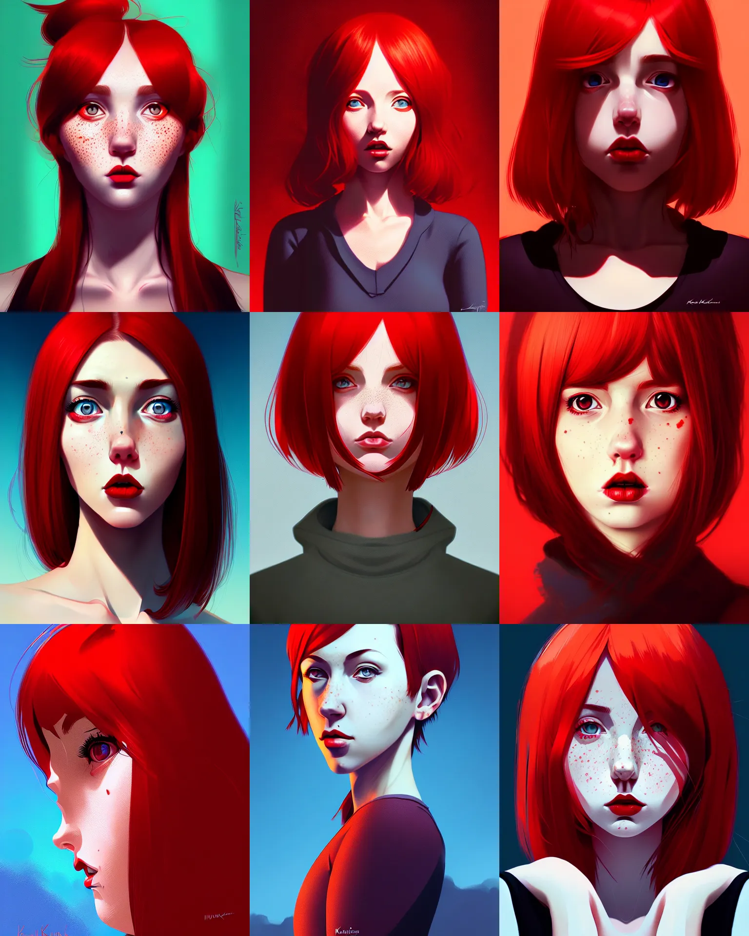 Prompt: a detailed portrait of a mousey woman with red hair and freckles by ilya kuvshinov, digital art, dramatic lighting, dramatic angle