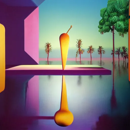 Image similar to hyperrealistic geometric objects in a surreal minimalistic 8 0's dreamscape environment by salvador dali, enormous emoji, highly detailed, 3 d render, octane, beautiful lighting, photorealistic, intricate, elegant, wayne barlowe, water, mirrors, pink doorway, beautiful, masterpiece, trending on artstation, palm tree