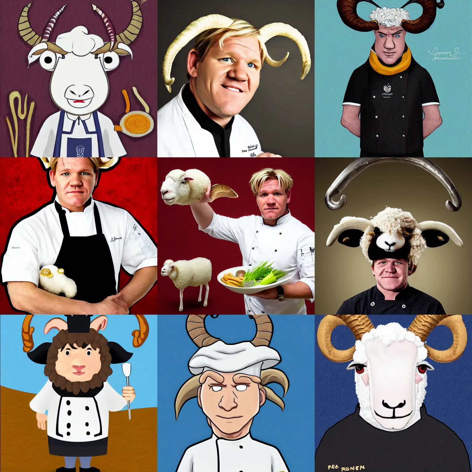 Prompt: portrait of chef gordon!! ramsay!! as a ram sheep with horns and wool