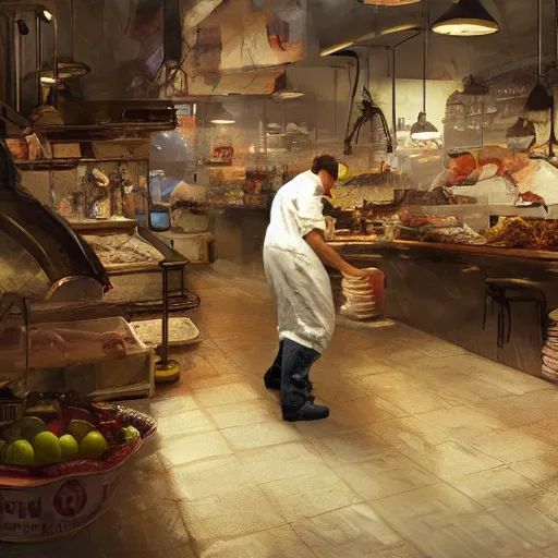 Prompt: low angle view of a butcher working, artwork by craig mullins, high details, octane, unreal engine, from below, worms - eye - view