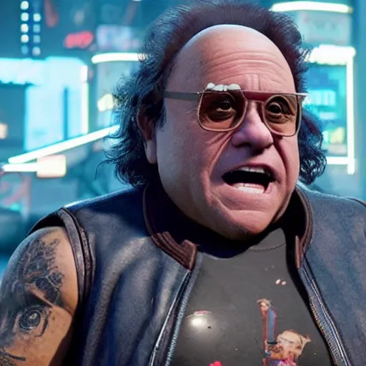 Image similar to Danny devito as character in cyberpunk 2077