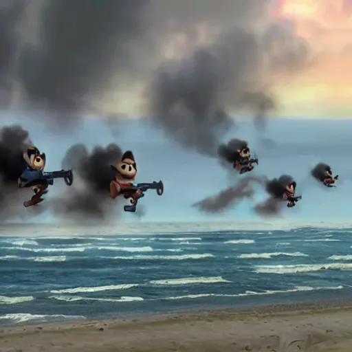 Prompt: film still of D-day storming the beach at Normandy in the style of Disney Pixar Up (2009)