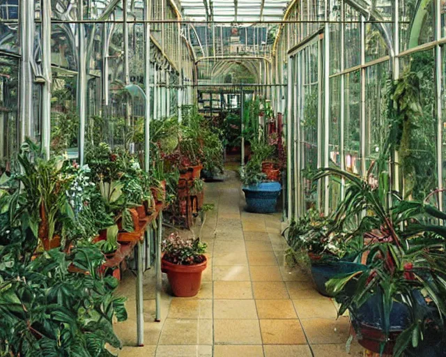 Prompt: Victorian greenhouse corridor decorated with potted plants, hyper-realism