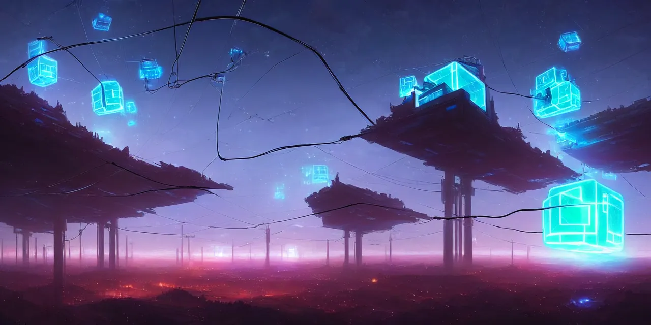 Image similar to a fleet of giant glowing futuristic cubes tied to each other with lots of wires in the sky, a fantasy magical landscape seen in the distance, atmospheric lighting, intricate, volumetric lighting, beautiful, sharp focus, ultra detailed, in the art style of marc simonetti, bowater charlie and brom gerald, astrophotography