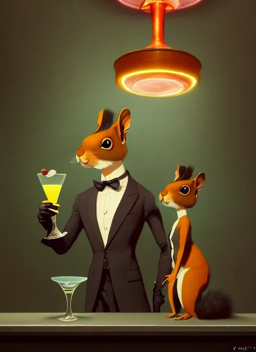 Prompt: squirrel anthro as a dapper bartender with a big, fluffy tail, retro futurism, art deco, detailed painterly digital art style by WLOP and Cory Loftis, 🐿🍸🍋, 8k octane beautifully detailed render, post-processing, extremely hyperdetailed, intricate, epic composition, grim yet sparkling atmosphere, cinematic lighting + masterpiece, trending on artstation, very detailed, vibrant colors