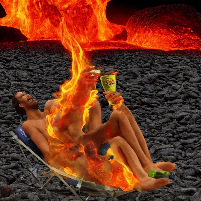 Prompt: Lucifer, laying in a beach chair on a lava beach in hell, drinking a Corona with lime, 4k, highly detailed, ultra realistic