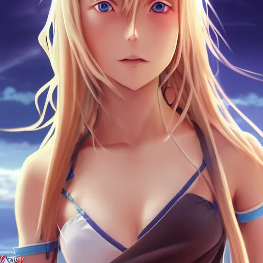 Image similar to a very beautiful young anime jedi girl, full body, long wavy blond hair, sky blue eyes, full round face, evil grin, bikini, miniskirt, front view, mid - shot, highly detailed, cinematic wallpaper by stanley artgerm lau