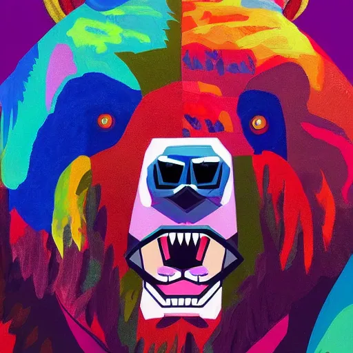 Image similar to a head and shoulder portrait of bear beast-man painted in the colorful and expressive style of Kotwdq, trending on Artstation 8k photorealistic