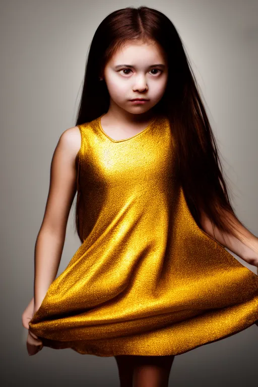 Image similar to lifestyle portrait of a girl in a golden dress with over a black background, photography, smooth, sharp focus, turning head