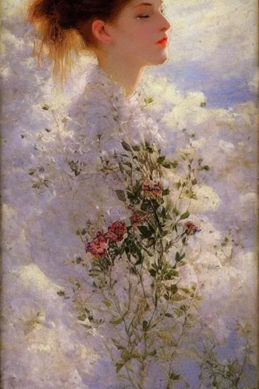 Image similar to close - up fashion woman portrait airy flowers clouds art by vasnetsov