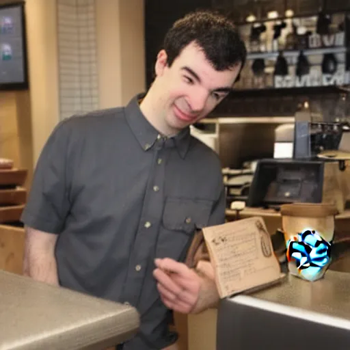 Image similar to Nathan fielder working at Starbucks