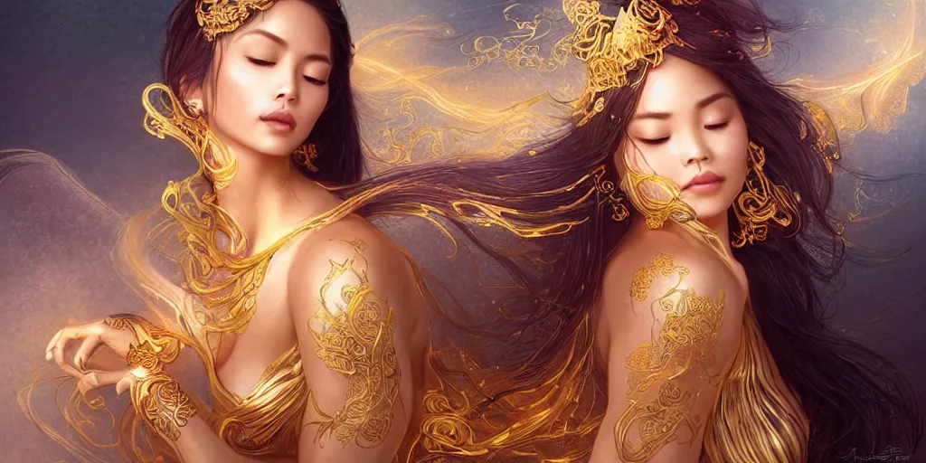 Prompt: asian nymph goddess, of bliss flowing golden silk twisting with elegant tattoos of cursive golden inked sigils on her opalescent skin, fantasy, intricate, very beautiful, elegant, golden light, highly detailed, art by artgerm and greg rutkowski and peter mordenbacher