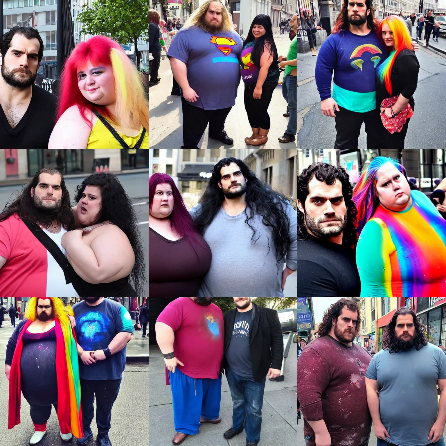 Prompt: obese henry cavill with rainbow painted long hairs, standing next to very obese angry feminist, real photograph on the street, close up shoulder height shot