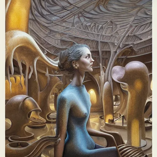 Prompt: detailed face of a woman in a biomorphic courtyard with dna sculptures at a science expo, atmospheric, ambient, pj crook, syd mead, livia prima, artgerm, greg rutkowski, nick alm, casey baugh