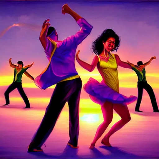 Image similar to The sun is exploding while Latino Cubans Dancers Salsa Dancing by Stanley Artgerm Lau, sun exploding on the background, Gesture draw, Salsa Social Dance, couple, lady using yellow dress, guy using the purple fancy suit, Salsa tricks, explosive background, WLOP, Rossdraws, Gesture draw, James Jean, Andrei Riabovitchev, Marc Simonetti, and Sakimichan, trending on artstation