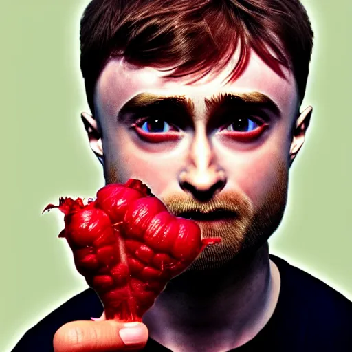 Prompt: hybrid of daniel radcliffe and a!! radish!!, film still,!! red skin!!,!! leaf ears!!, seeds, 8 k, trending on artstation