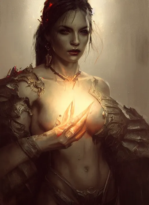 Image similar to diablo 4 lilith, beautiful face, rule of thirds, intricate outfit, spotlight, by greg rutkowski, by jeremy mann, digital painting